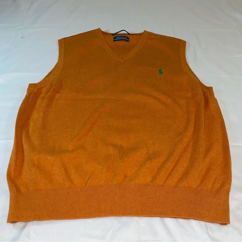Polo Ralph Lauren Mens Large Orange 100% Pima Cotton V-Neck Sweater‎ Vest